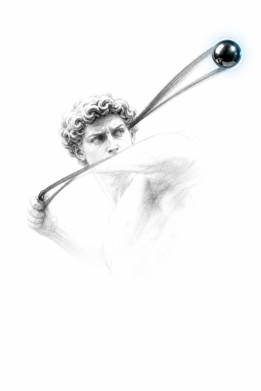 Charcoal study of David casting a sling; the stone rendered as a polished AI pebble.